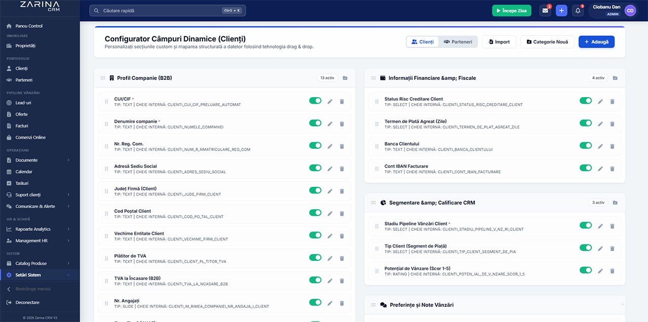 Configurare câmpuri personalizate în soft CRM