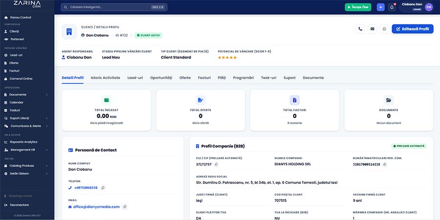 Interfață CRM multilingvă română engleză arabă