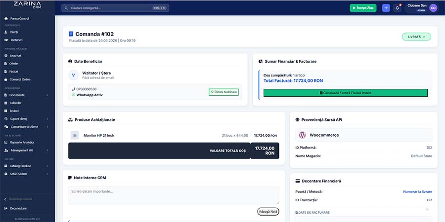 Dashboard Preluare Comenzi Online în Soft CRM