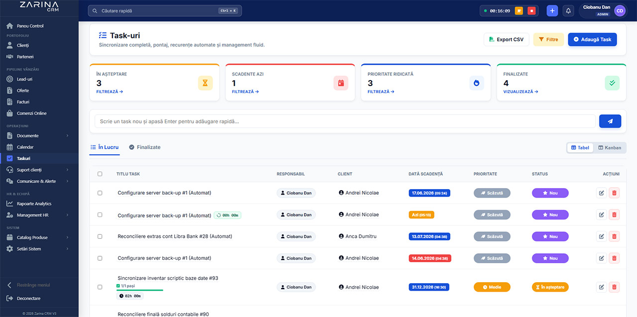 Zarina CRM Task Management Dashboard View