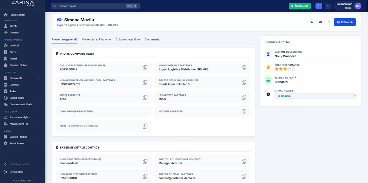 Dashboard Administrare Parteneri B2B