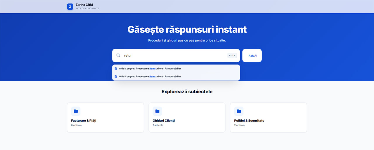Zarina CRM Knowledge Base View
