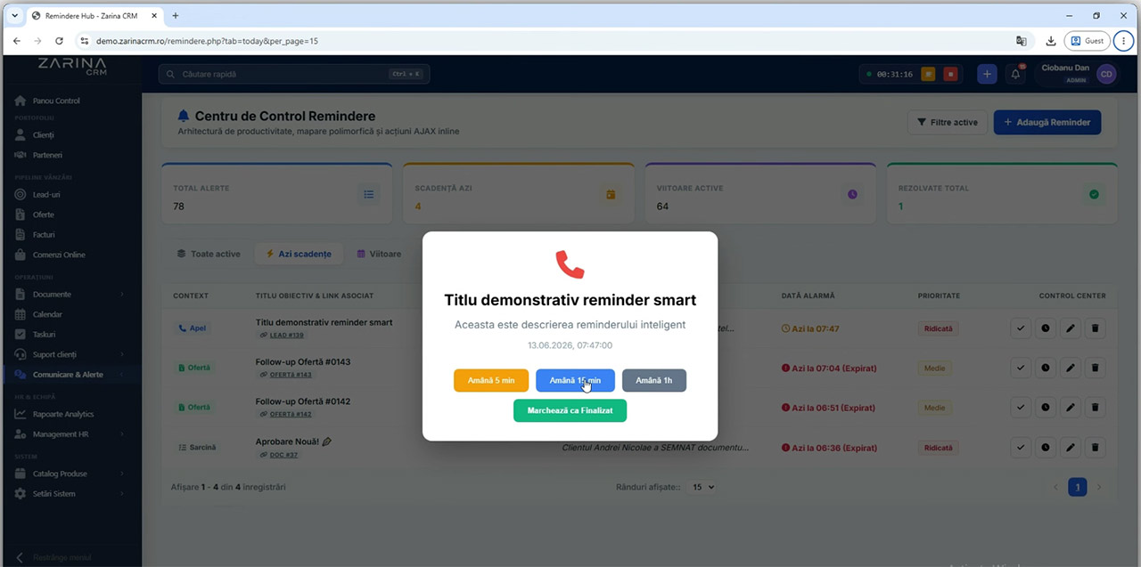 Soft CRM Remindere si Alerte