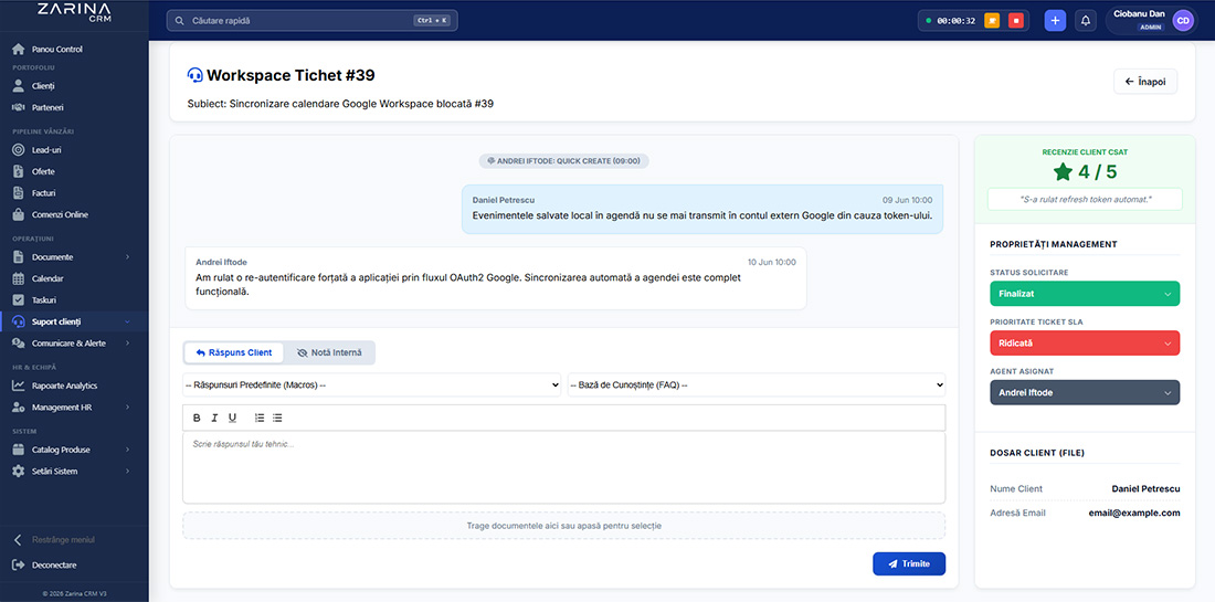 Zarina CRM Helpdesk Interface
