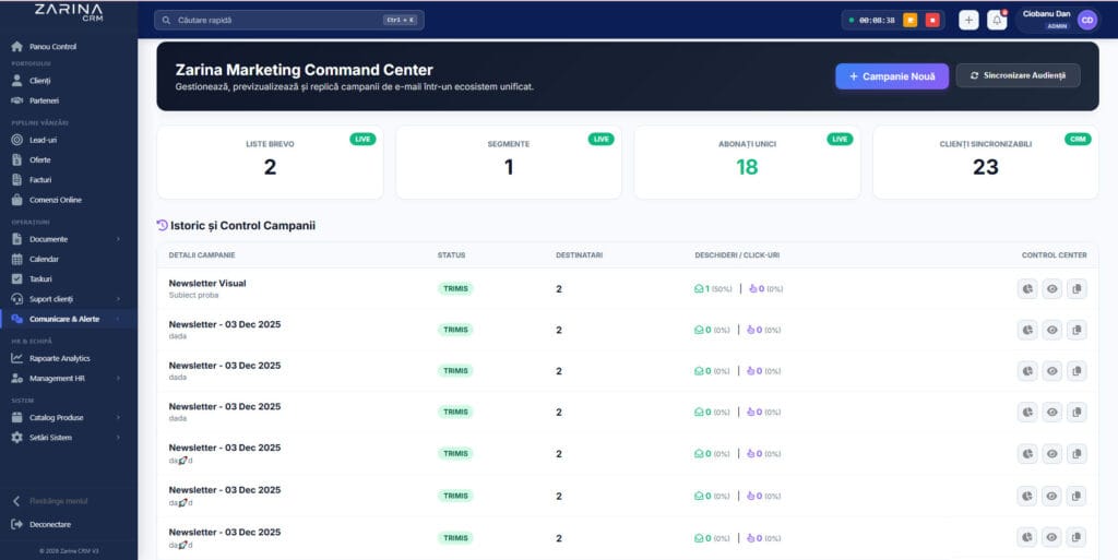 Modul email marketing in Zarina CRM
