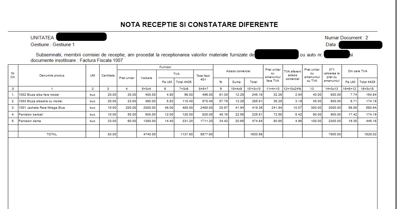 Model NIR – Notă de Recepție și Constatare de Diferențe