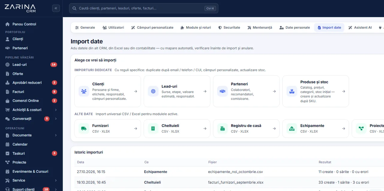 Captură din Zarina CRM: import de clienți, lead-uri, parteneri și produse din alt CRM, Excel sau contabilitate, cu istoric importuri