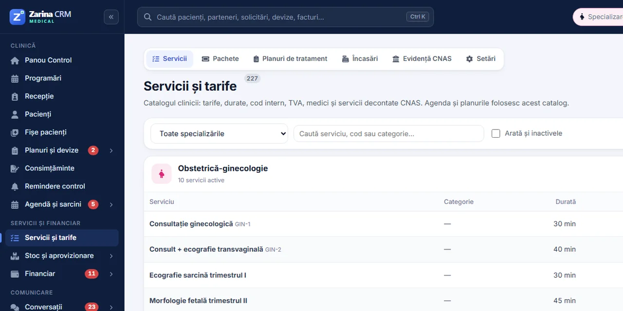 Captură din Zarina CRM Medical: catalogul de servicii și tarife pentru un cabinet de obstetrică-ginecologie