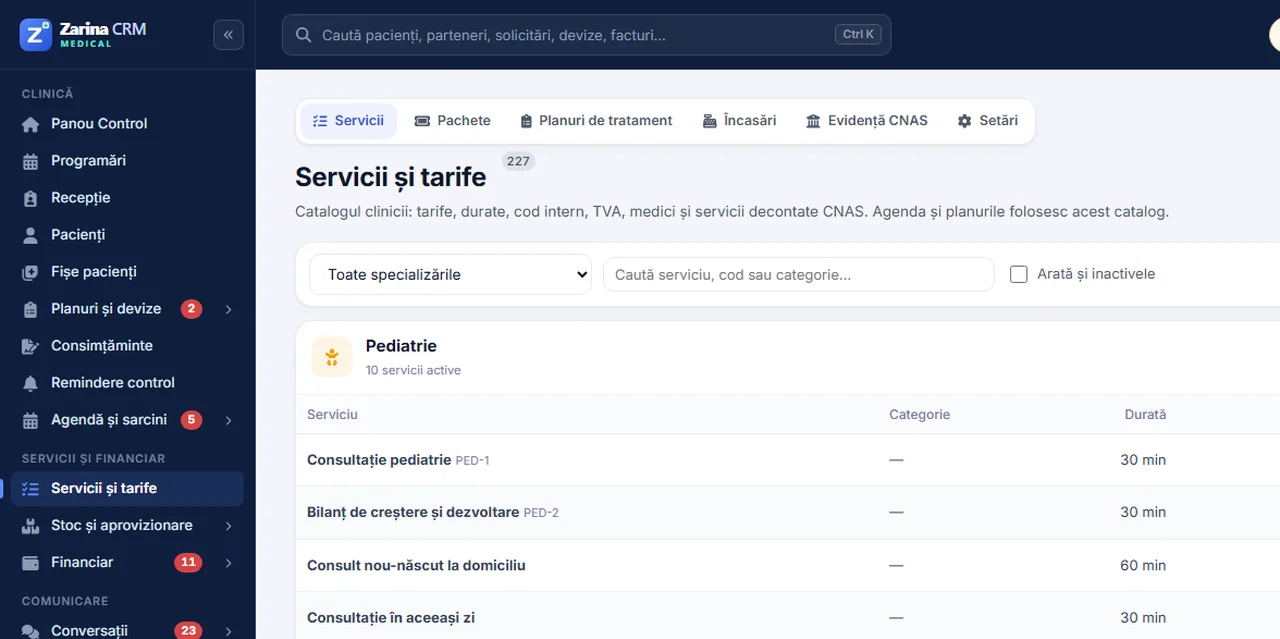 Captură din Zarina CRM Medical: catalogul de servicii și tarife pentru un cabinet de pediatrie