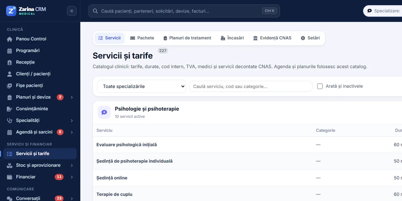 Captură din Zarina CRM Medical: catalogul de servicii și tarife pentru un cabinet de psihologie și psihoterapie
