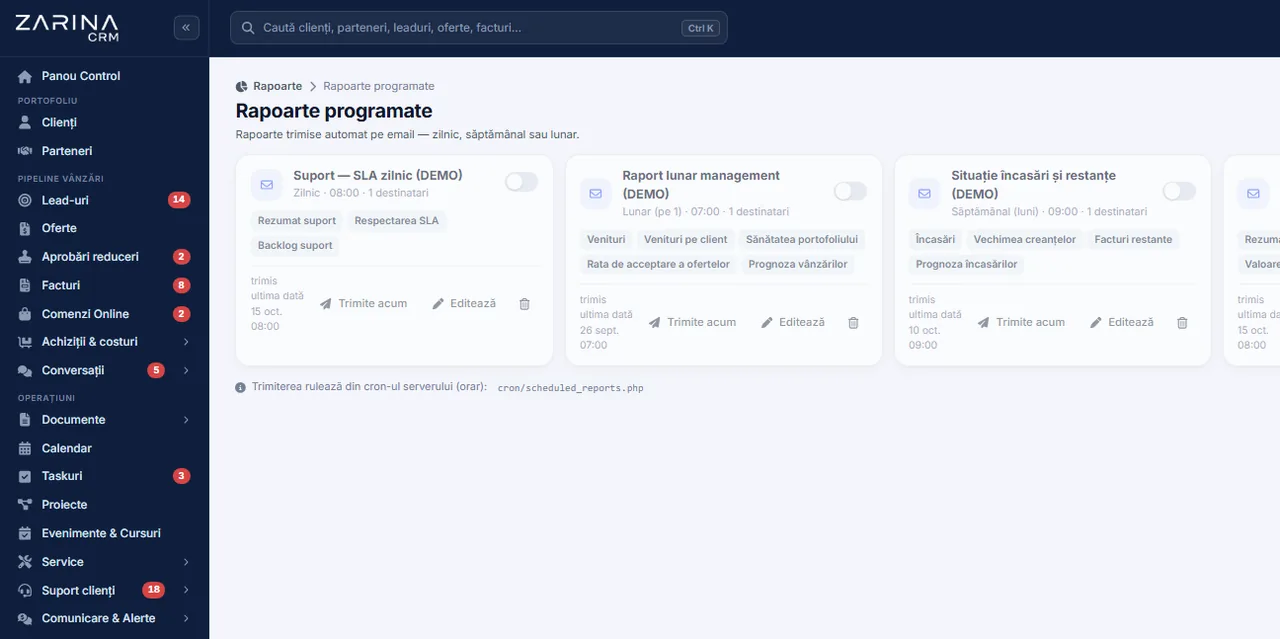 Rapoarte programate pe e-mail în Zarina CRM Captură din Zarina CRM: rapoarte trimise automat pe e-mail zilnic, săptămânal sau lunar