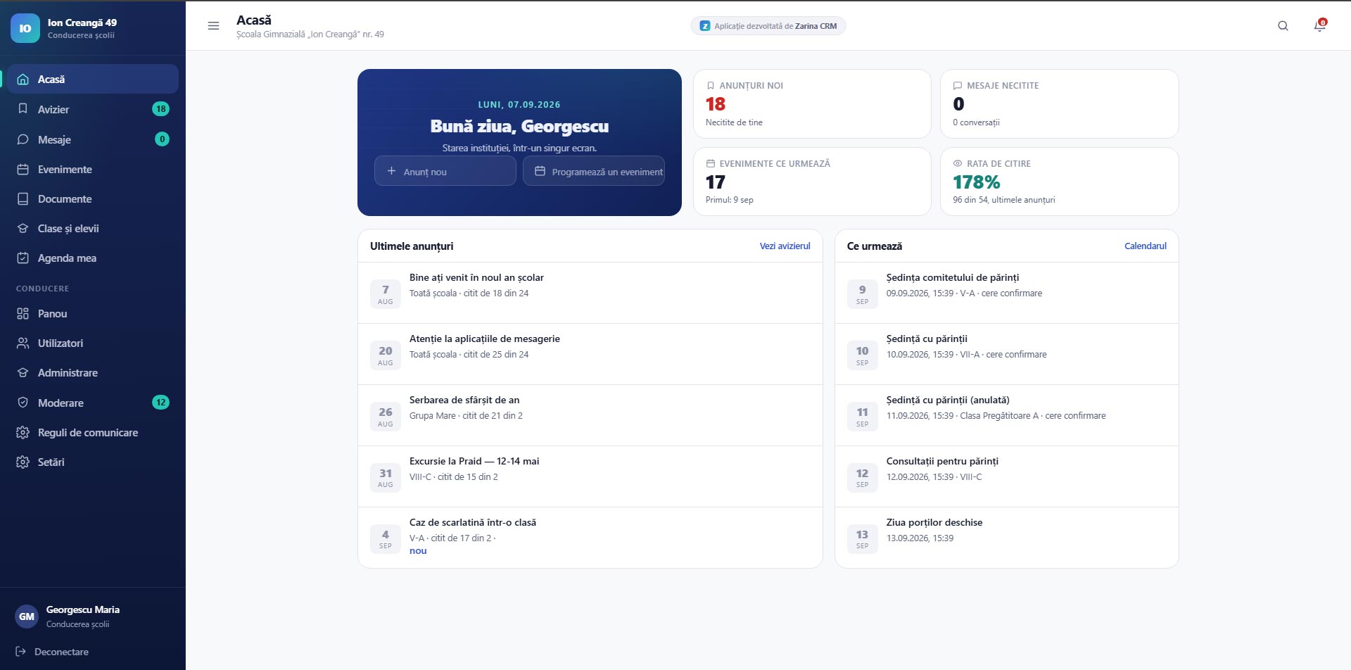 Interfața platformei Zarina EDU — avizier, mesaje private și calendar școlar